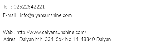 Sunshine Boutique Hotel telefon numaralar, faks, e-mail, posta adresi ve iletiim bilgileri